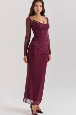 Robe longue bordeaux avec manches longues transparentes