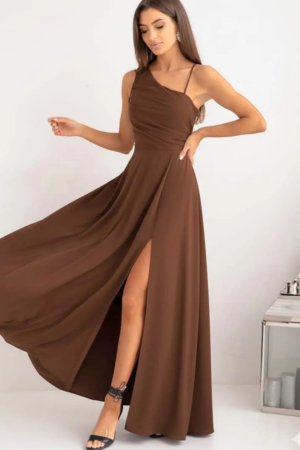 Robe longue fendue marron chocolat