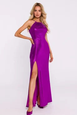 Robe longue fendue métalissée
