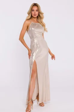 Robe longue fendue métalissée