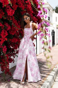 Robe longue fleurie rose fendue été