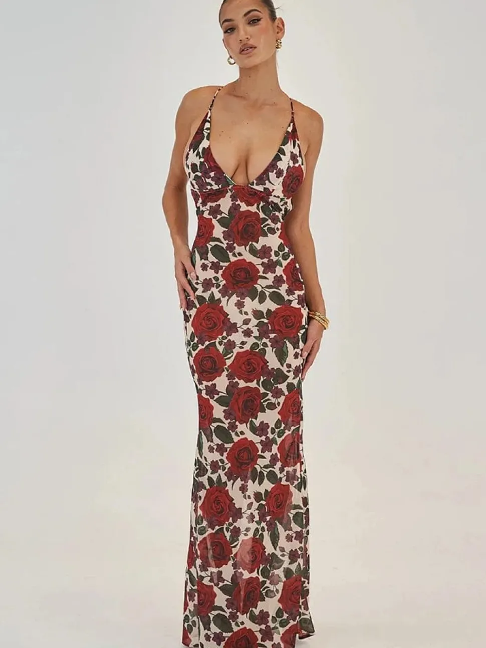 Robe longue imprimée de roses rouges