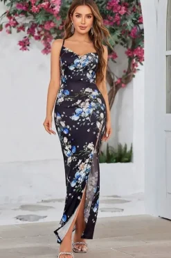 Robe longue à imprimé floral dos nu fente haute