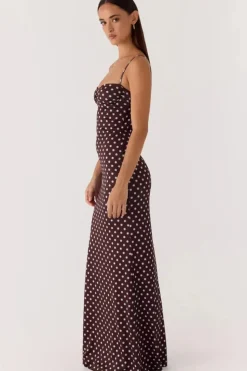 Robe longue marron à pois dos nu à bretelles fines