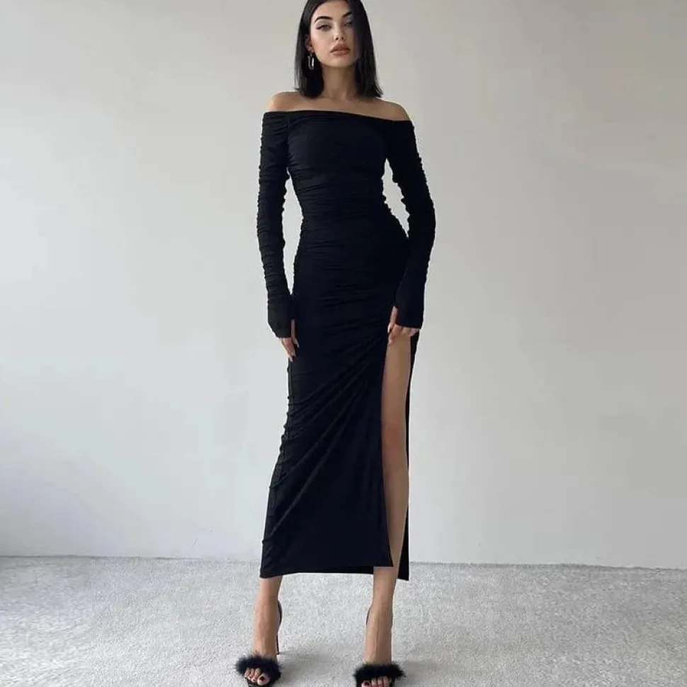 Robe longue moulante fendue manches longues