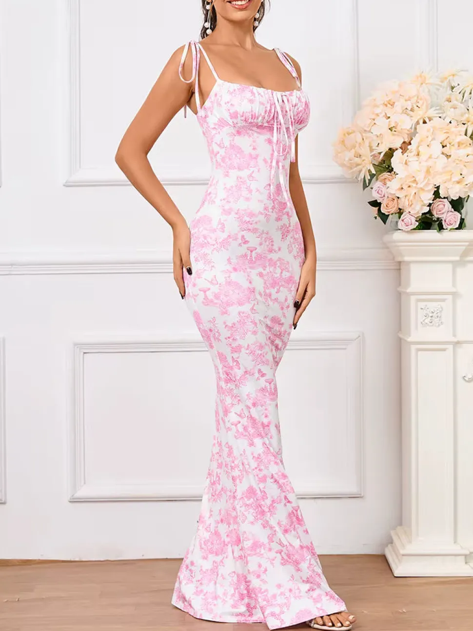 Robe longue moulante rose motif fleuri