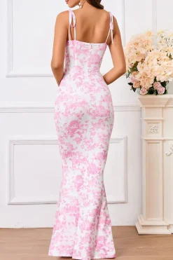 Robe longue moulante rose motif fleuri