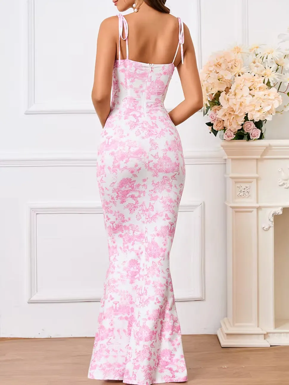 Robe longue moulante rose motif fleuri
