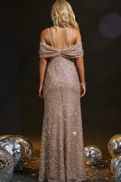 Robe longue à paillettes fendue rose