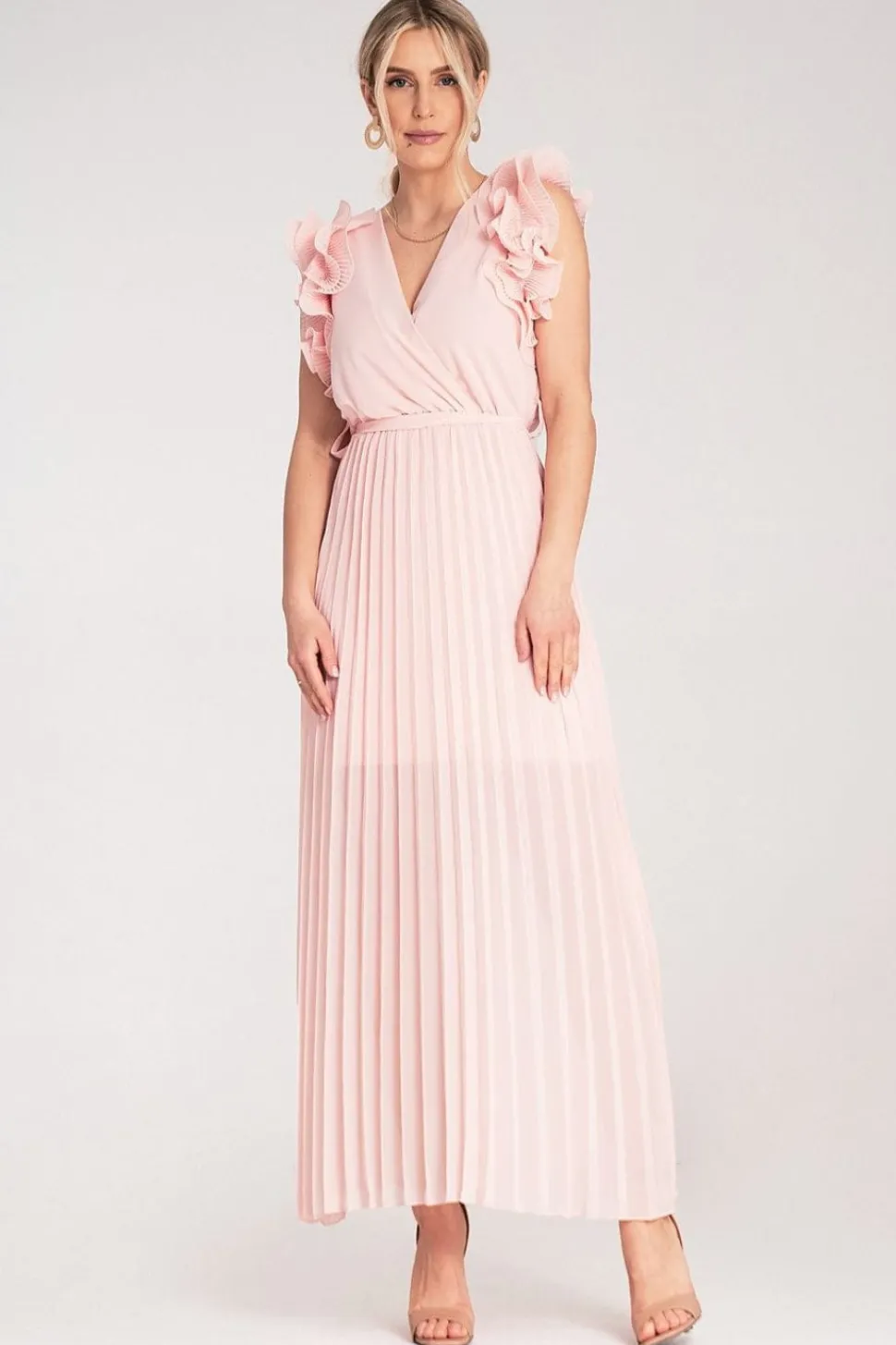 Robe longue plissée rose pour invitée au mariage