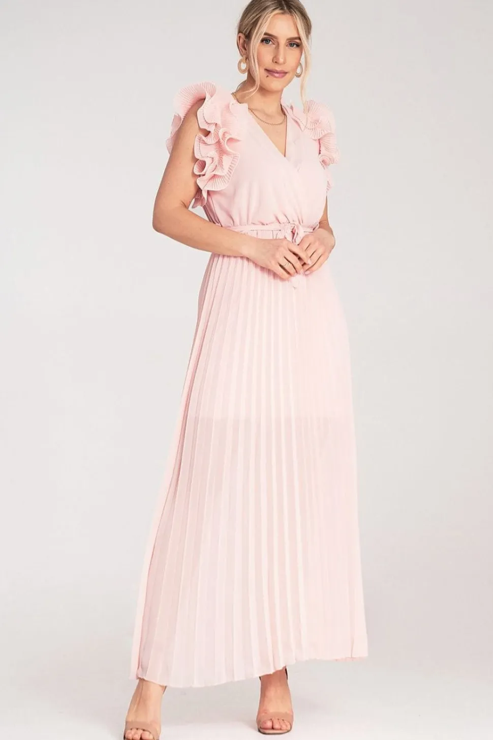 Robe longue plissée rose pour invitée au mariage