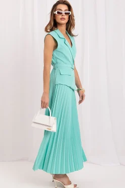 Robe longue plissée turquoise sans manches