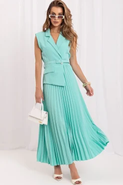 Robe longue plissée turquoise sans manches