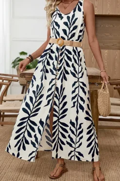Robe longue sans manches avec ceinture à motif de feuilles
