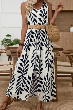 Robe longue sans manches avec ceinture à motif de feuilles