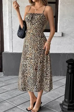 Robe léopard midi fendue à bretelles