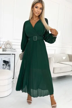 Robe manche longue verte longue plissée