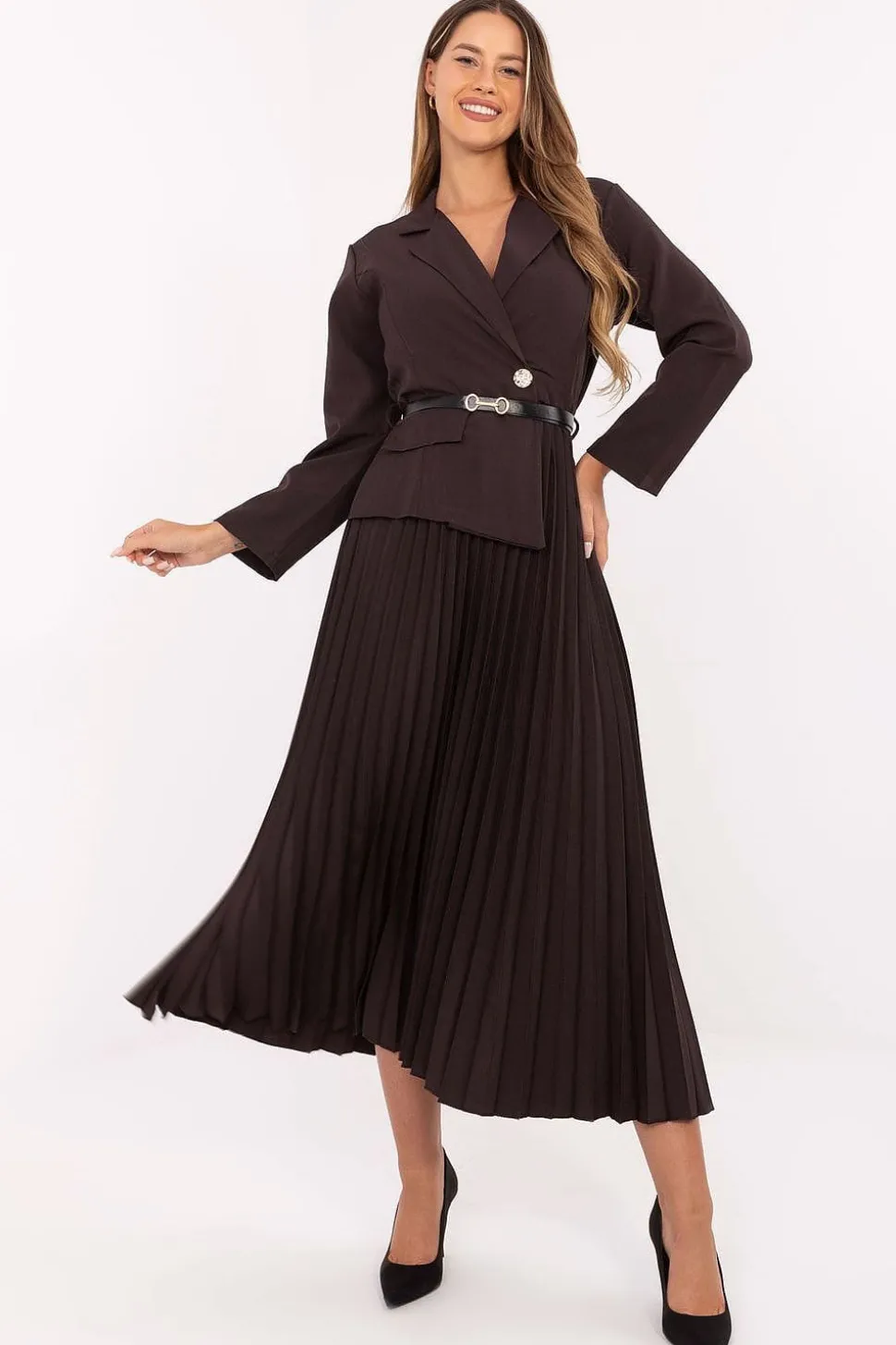 Robe marron midi plissée blazer