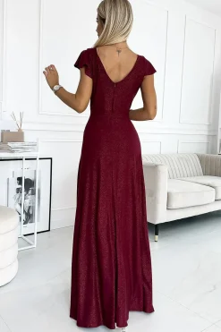 Robe maxi brillante bordeaux manche courte