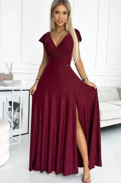 Robe maxi brillante bordeaux manche courte
