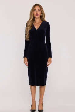 Robe midi bleue en velours chic manches longues