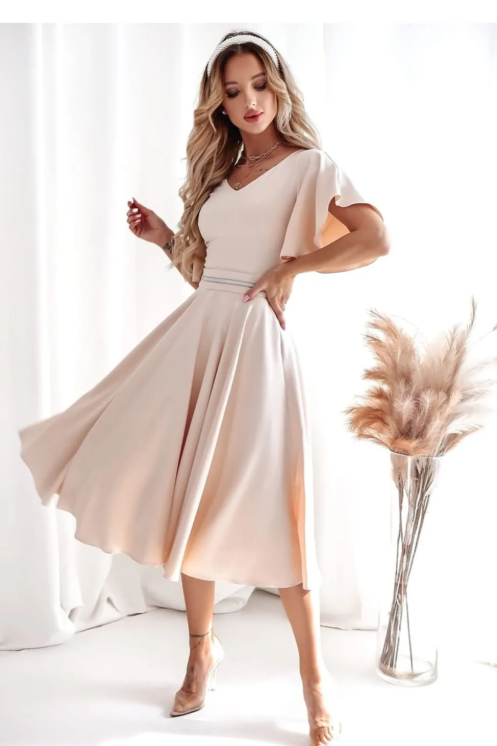 Robe midi drapée manches courtes