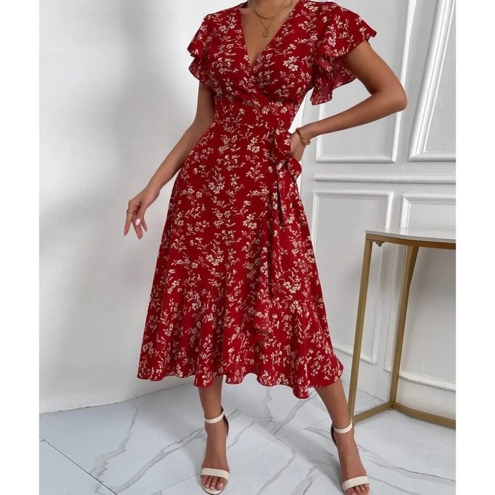 Robe midi fleurie rouge avec manches volants