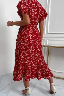 Robe midi fleurie rouge avec manches volants