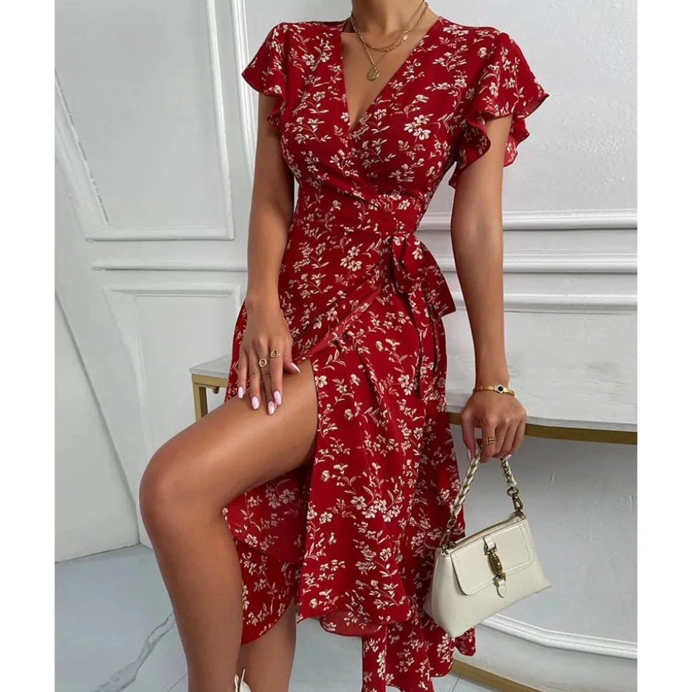 Robe midi fleurie rouge avec manches volants