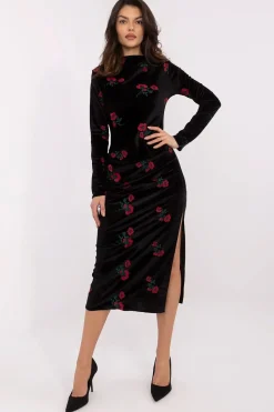 Robe midi manches longues noire à fleurs