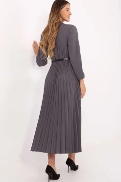 Robe midi plissée grise manches longues