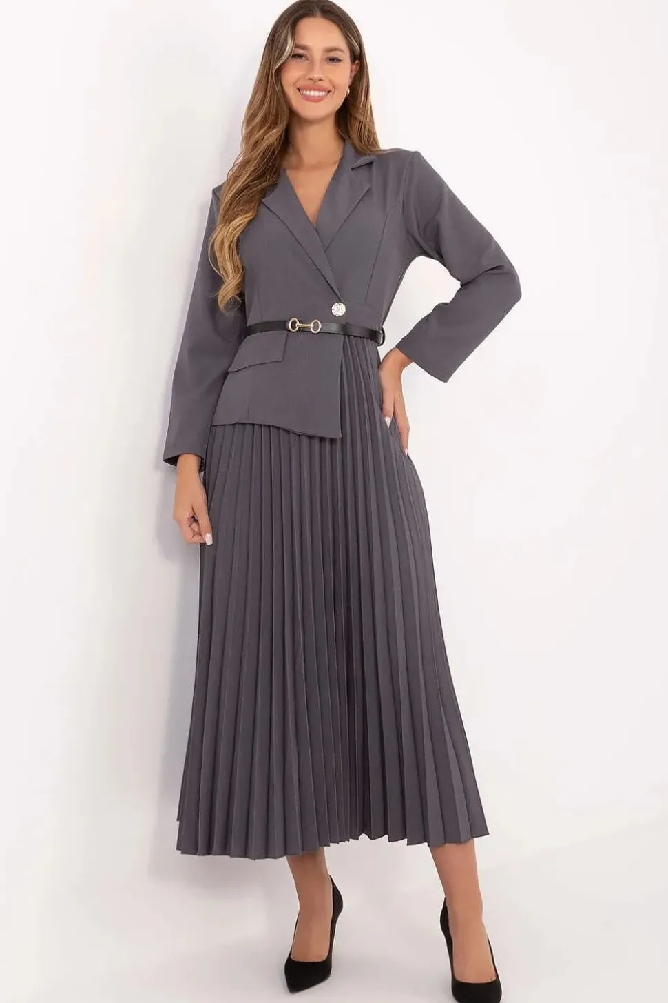 Robe midi plissée grise manches longues