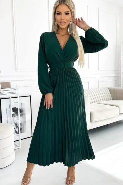 Robe midi plissée verte manches longues et large ceinture