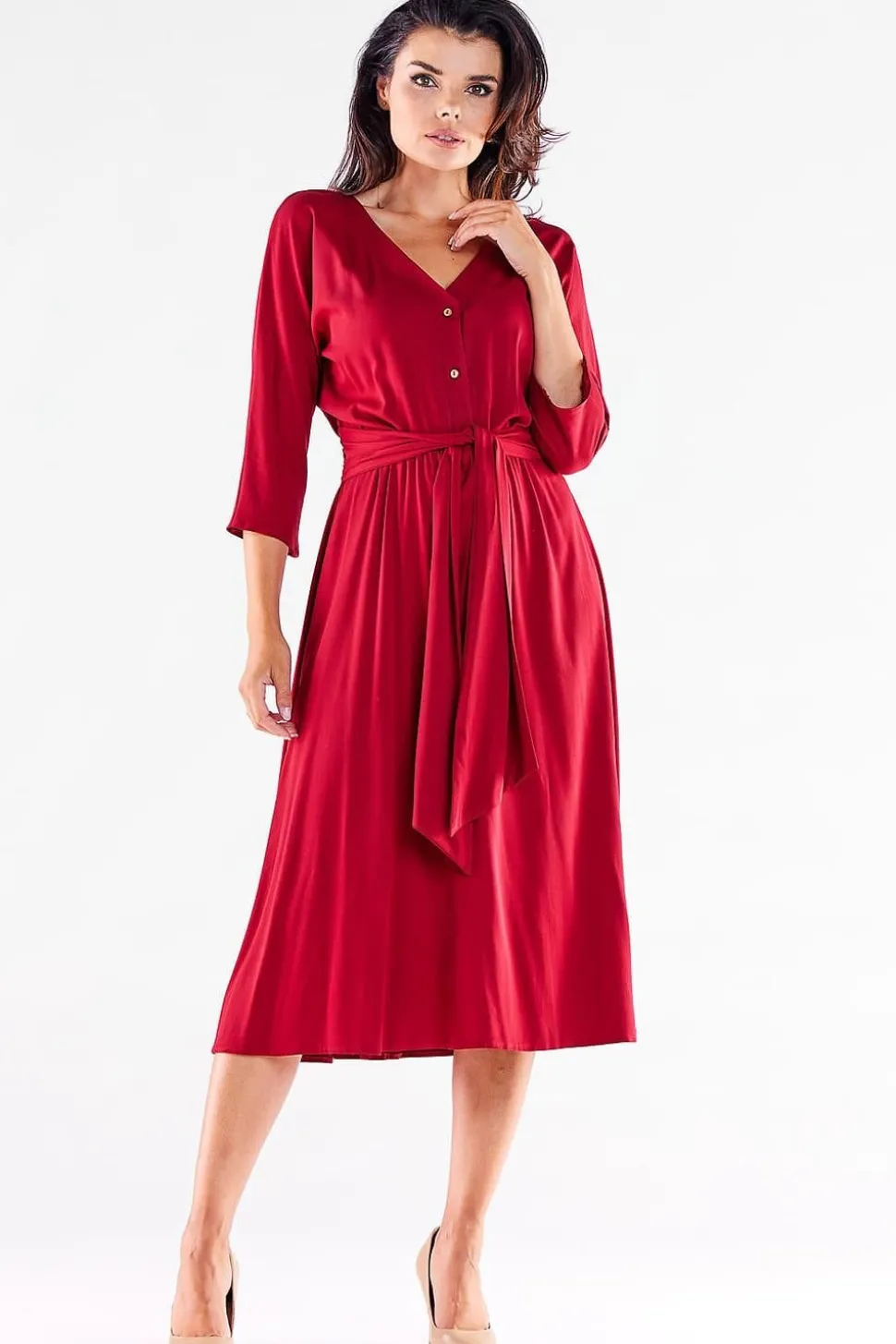 Robe midi rouge manches 3/4