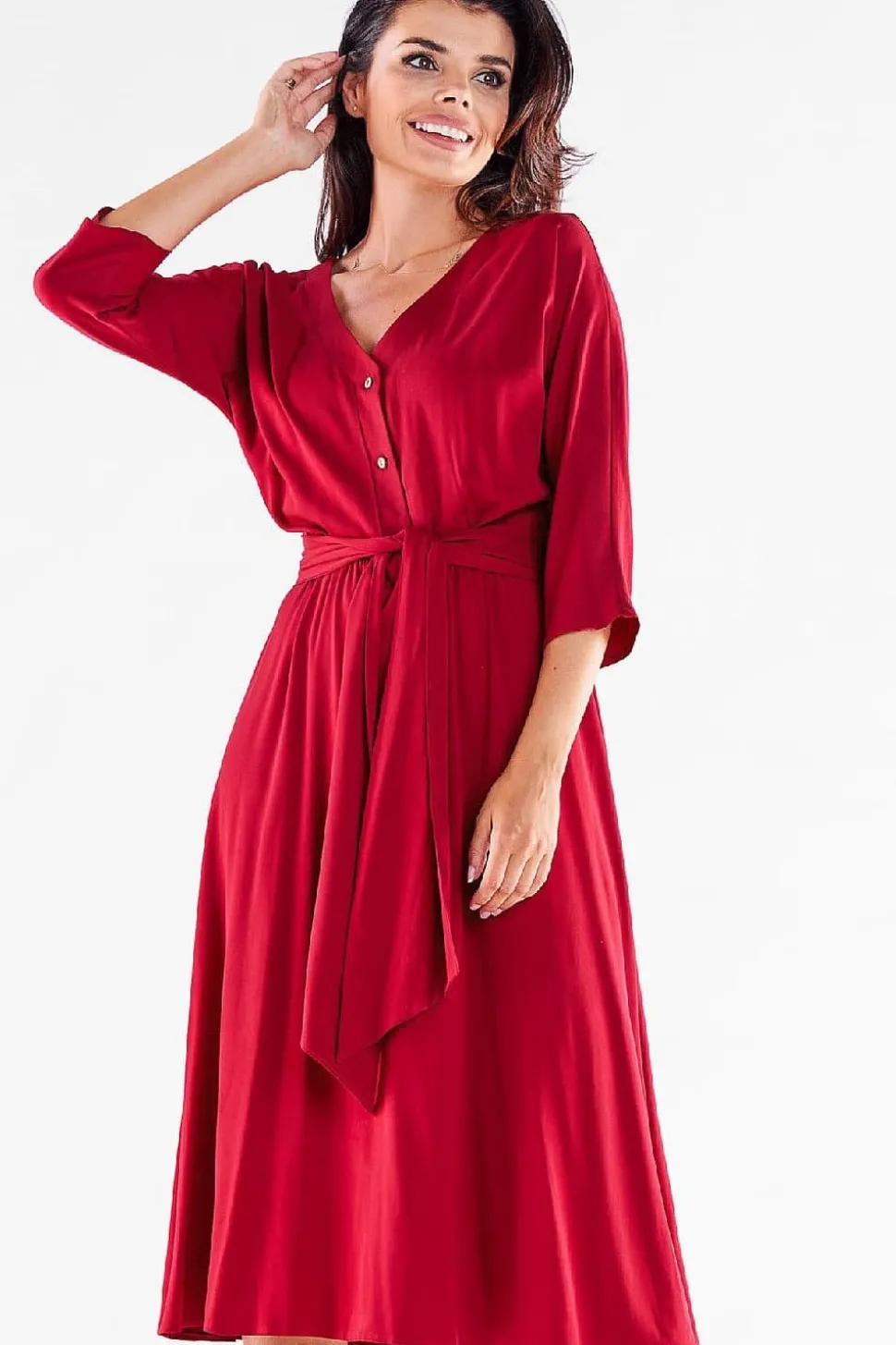 Robe midi rouge manches 3/4
