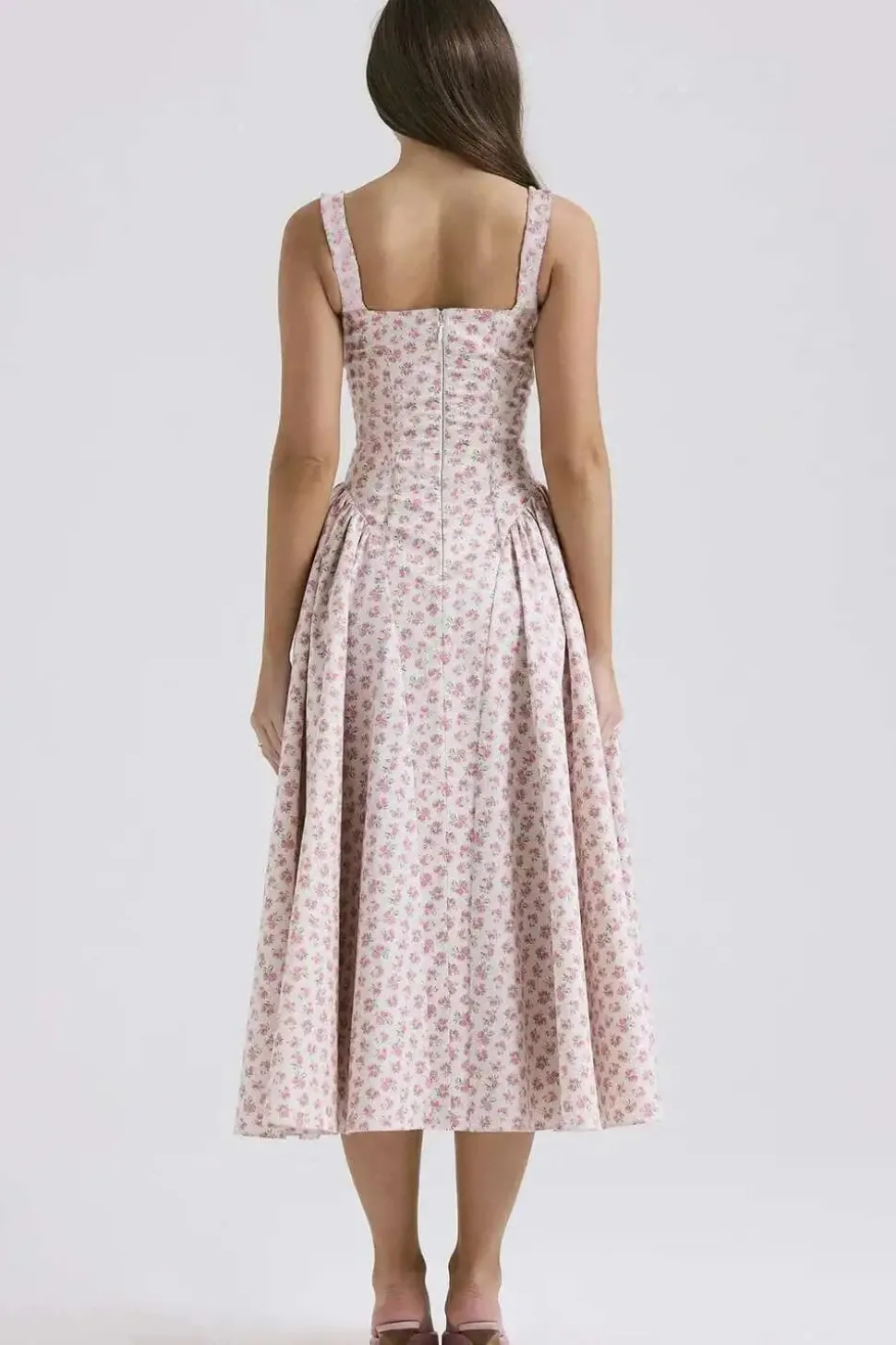Robe midi évasée fleurie col carré