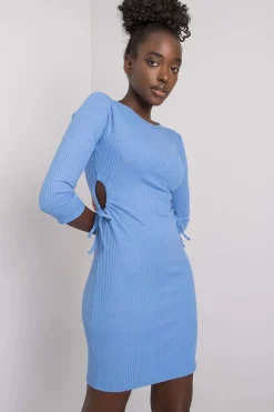 Robe moulante bleue courte manches 3/4 casual