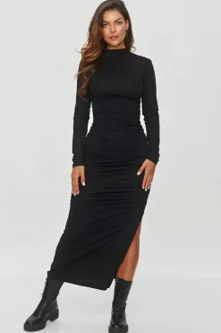 Robe moulante col roulé longue fendue