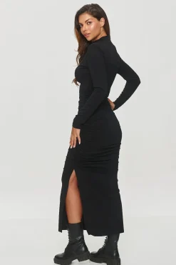 Robe moulante col roulé longue fendue