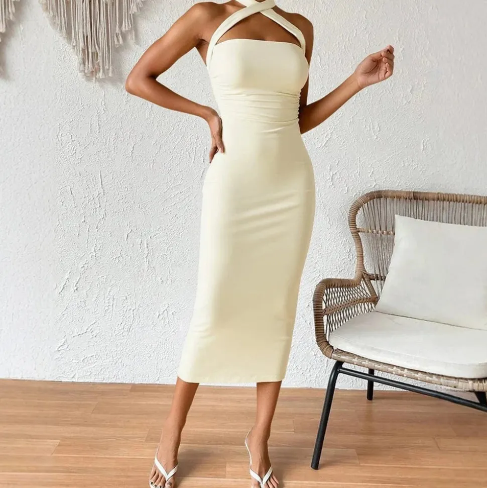 Robe moulante jaune midi sans manches