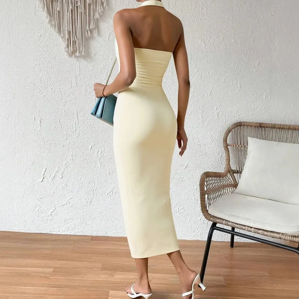 Robe moulante jaune midi sans manches