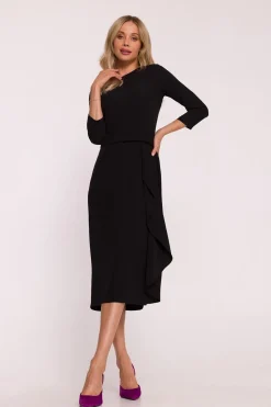 Robe noire midi manches 3/4 et volant décoratif