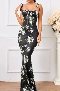Robe noire motif fleuri moulante bretelles fines à nouer