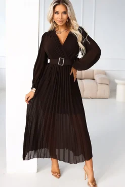 Robe plissée marron longue manches longues