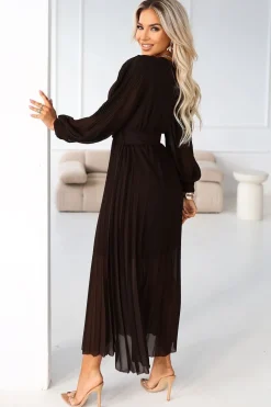 Robe plissée marron longue manches longues