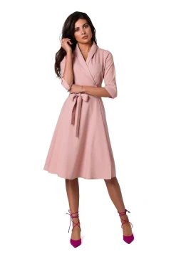 Robe portefeuille rose midi chic manches longues