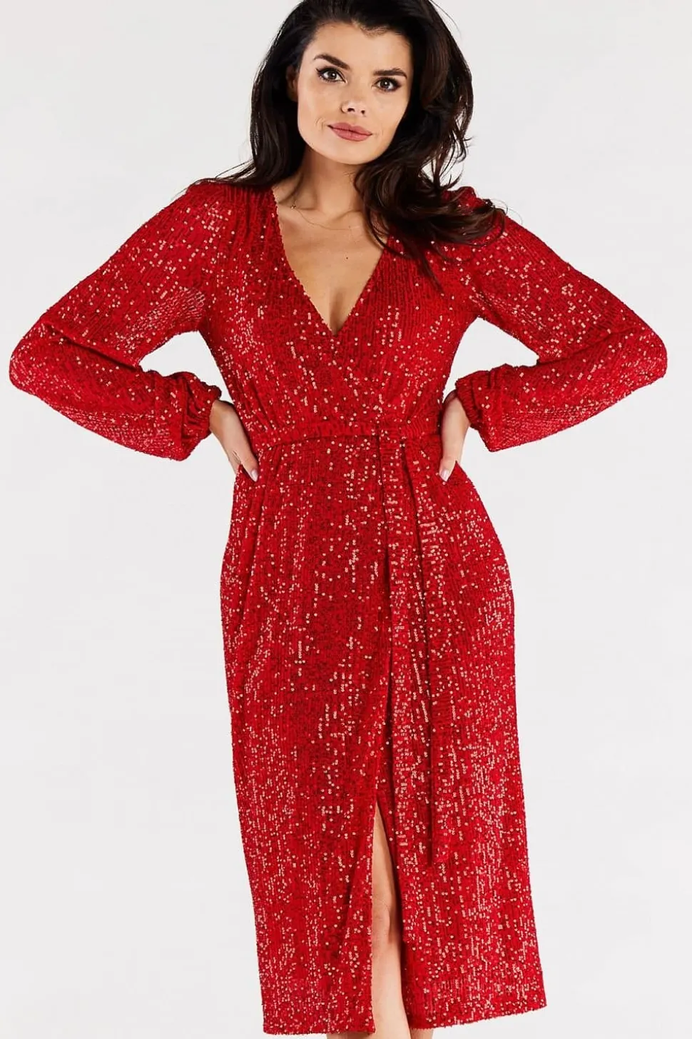 Robe portefeuille rouge à paillettes manches longues