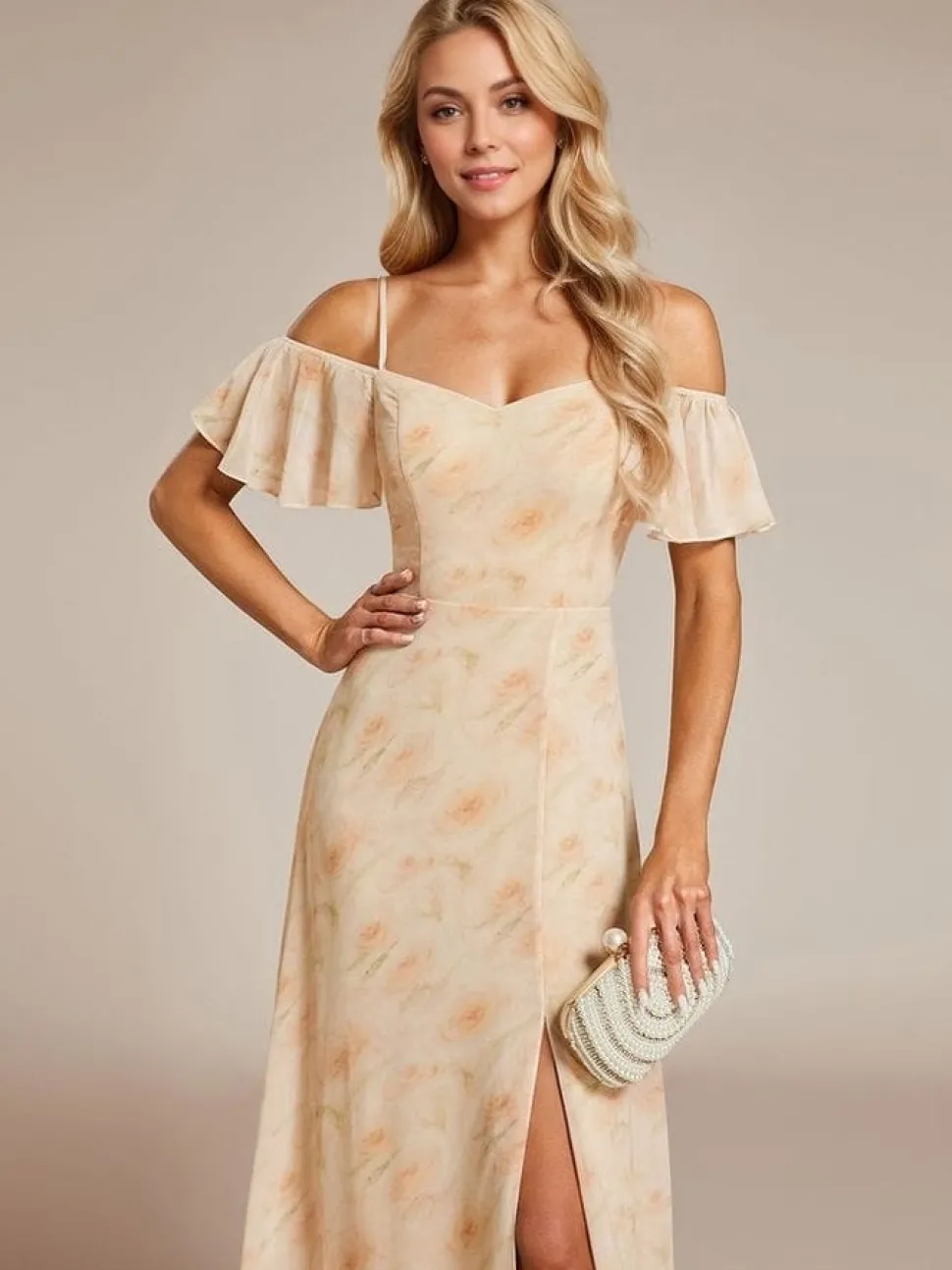 Robe pour invitée au mariage longue fendue motif fleuri