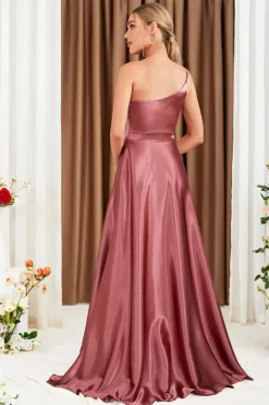 Robe pour invitée au mariage rose satinée asymétrique