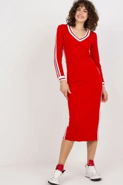 Robe pull rouge casual midi manche longue